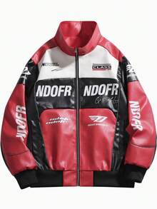 Men's Fashionable Color Block Letter Print Motorcycle Leather Jacket, Autumn - Red - View 2