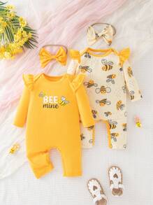 2pcs/Set Baby Girl Long Sleeve Flared Cartoon Bee Printed Romper & Hair Scrunchie