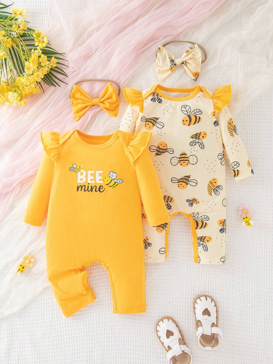 2pcs/Set Baby Girl Long Sleeve Flared Cartoon Bee Printed Romper & Hair Scrunchie
