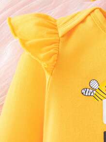 2pcs/Set Baby Girl Long Sleeve Flared Cartoon Bee Printed Romper & Hair Scrunchie