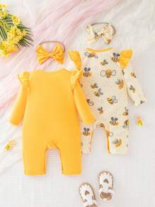 2pcs/Set Baby Girl Long Sleeve Flared Cartoon Bee Printed Romper & Hair Scrunchie