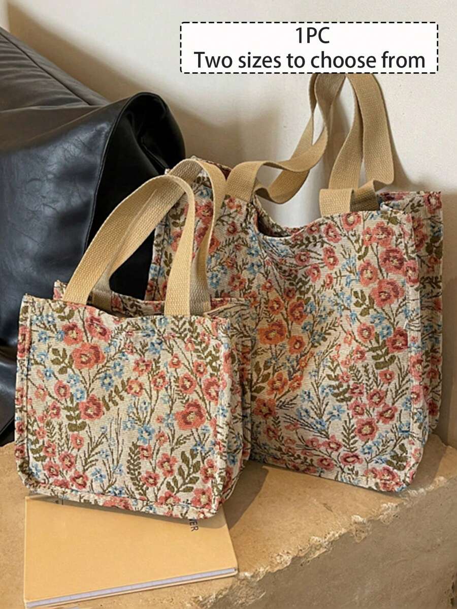 1件装印花帆布手提袋，单肩包，轻便斜挎包，便捷收纳袋，女士通勤包，大容量手提包，多功能手提包，刺绣花卉单肩包，便携式收纳袋，化妆包