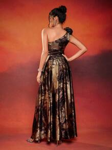 高端优雅不对称领口花卉设计露肩正式晚礼服（装饰款式）女士舞会礼服，适合婚礼嘉宾、毕业典礼、晚宴 - 彩色 - 查看 3