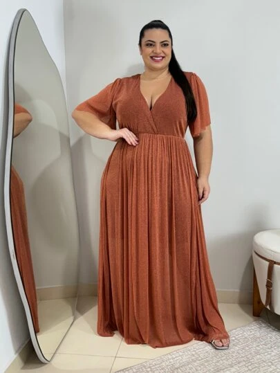 Holy Lia Vestido Festa Plus Size Manga Curta De Tule Transpassado Moda Feminina G1 G2 G3