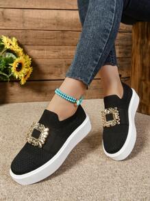 Herfst/Winter Nieuwe Ronde Neus Dikke Zool Casual Ademende Comfortabele Gebreide Loafers Voor Vrouwen, Plus Size
