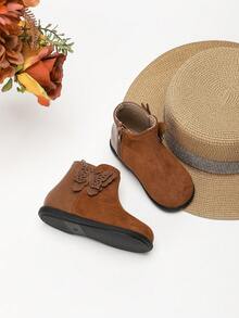 女童儿童踝靴，时尚休闲可爱纯色侧拉链轻便防滑短靴秋冬 - 棕色 - 查看 4