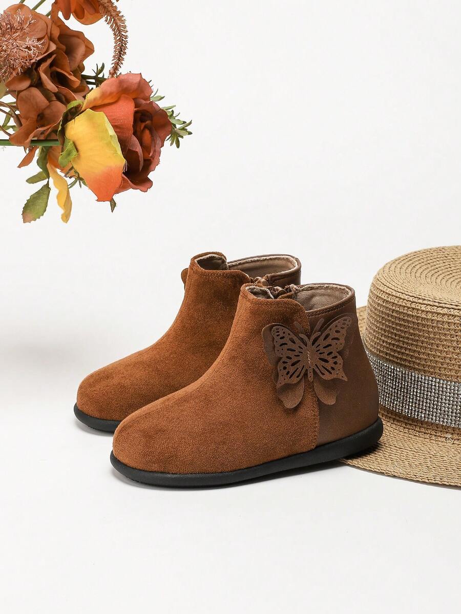 女童儿童踝靴，时尚休闲可爱纯色侧拉链轻便防滑短靴秋冬 - 棕色 - 查看 1