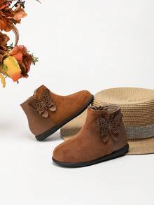 女童儿童踝靴，时尚休闲可爱纯色侧拉链轻便防滑短靴秋冬 - 棕色 - 查看 2