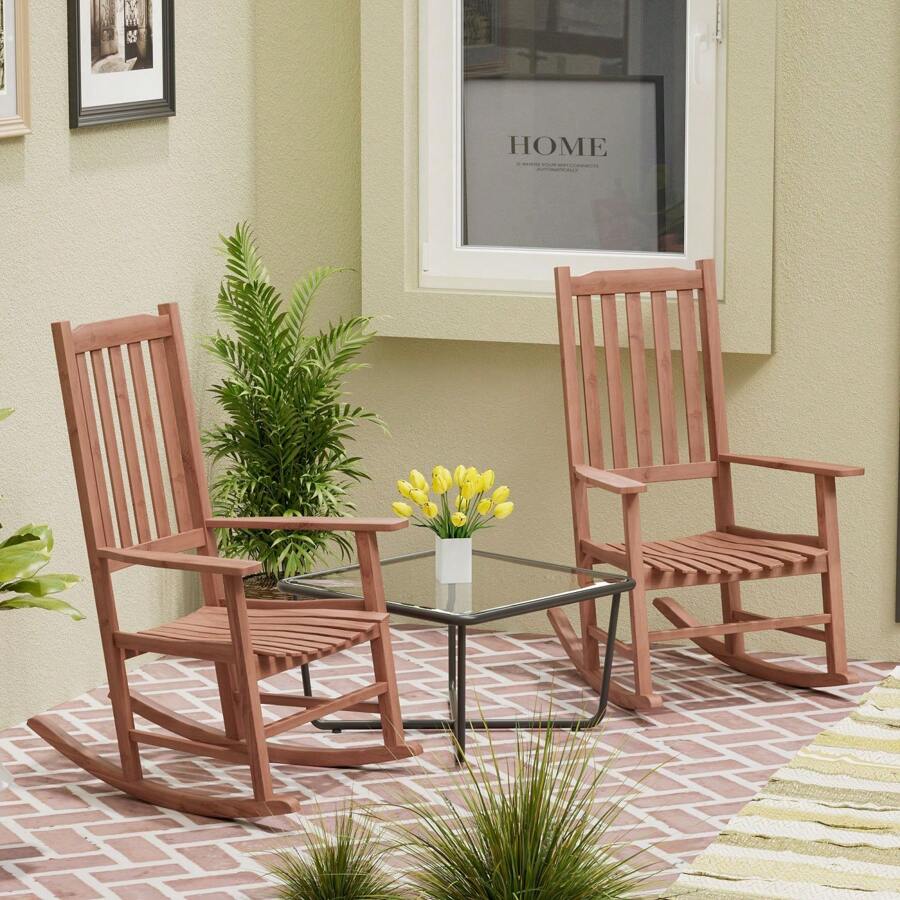 Outdoor Rocking Chairs Set Of 2, All Weather Resistant Porch Rocker Chairs With High Back, 350Lbs Support, Wood Rocking Chair For Backyard, Patio, Garden, Indoor - Brown - View 1