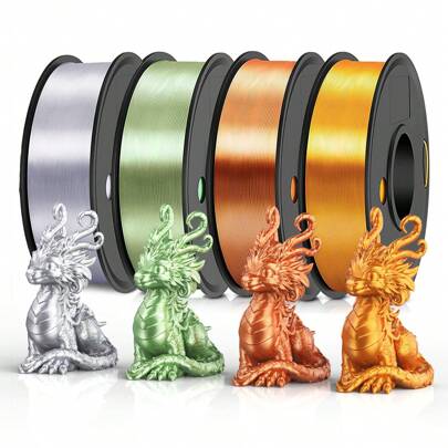 Silk PLA Filament 1.75mm Bundle For 3D Printer, 4 Rolls Of 250g Silk Copper/Silk Gold/Silk Sliver/Silk Bronze 3D Printer Filament, Dimensional Accuracy ±0.02mm, Clog-Free, Tangle-Free