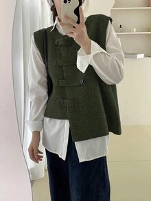 Alicedudu 女款秋冬不对称设计纽扣环简约毛衣背心 - 綠色 - 查看 3