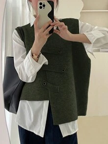 Alicedudu 女款秋冬不对称设计纽扣环简约毛衣背心 - 綠色 - 查看 4
