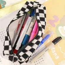 1PC Large Capacity Checkerboard Knitted Pencil Case - Korean Style Dual-Use Stationery/Makeup Bag (Black/Blue/Pink) - Multicolor - View 1