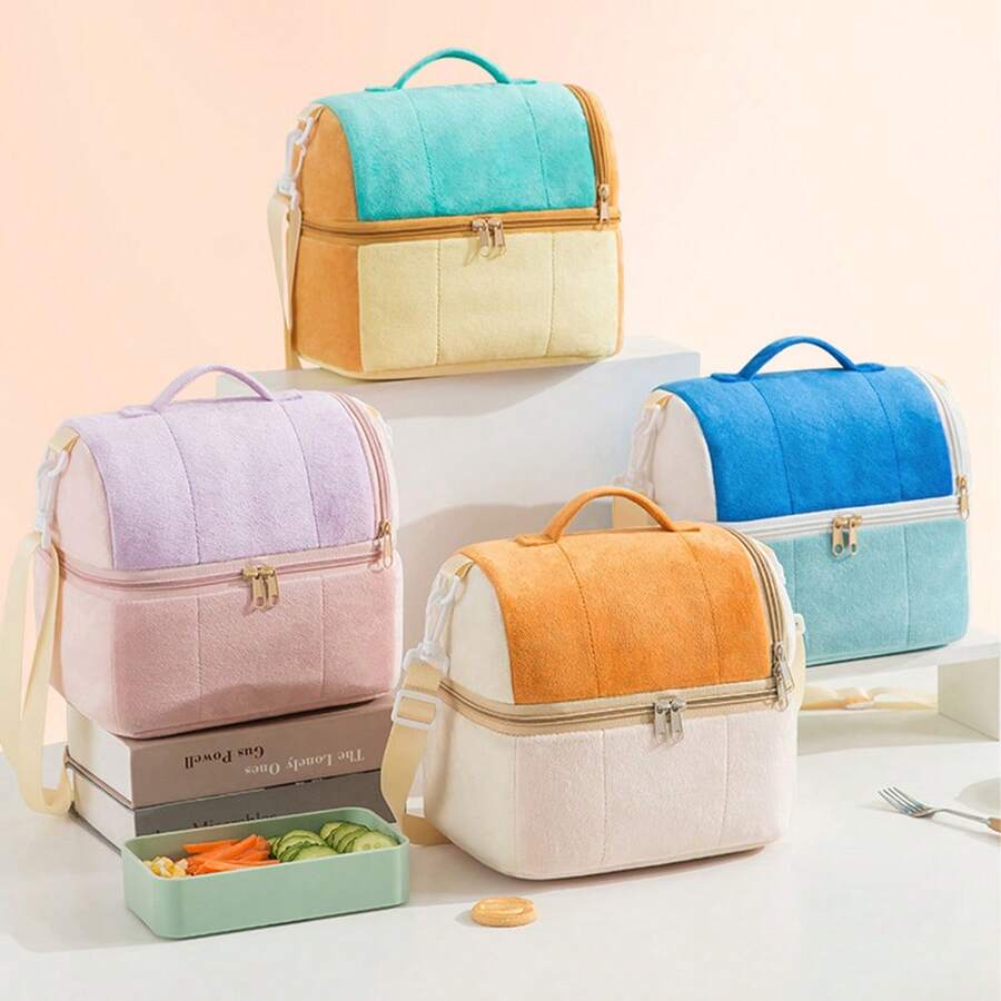 Thick Insulated Lunch Bag With Double Layers, Large Capacity Shoulder Strap Lunch Box Tote - Multicolor - View 1