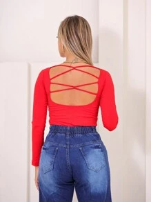 Kit 02 Long Sleeve Bodysuit With Bare Back And Ribbed Crossover Bra - 黑+紅 - 查看 4