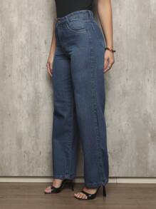 Shein Women's Wide Leg High Waisted Slim Butt 100% Denim Jeans - 藍色 - 查看 1