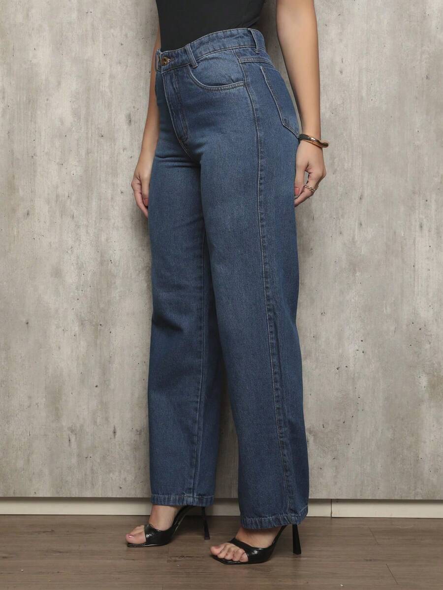 Shein Women's Wide Leg High Waisted Slim Butt 100% Denim Jeans - 藍色 - 查看 1