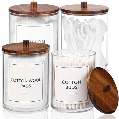 4 Packs Qtip Holder Dispenser With Wood Lids 10 Oz Clear Plastic Apothecary Jar Containers For Vanity Makeup Organizer Storage Bathroom Accessories Set, Dorm Room