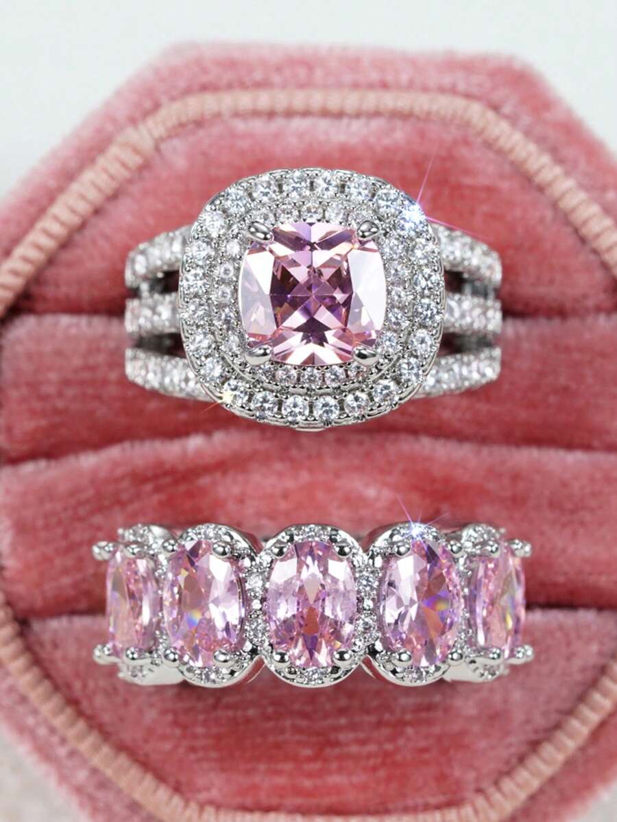 2 件/套时尚方晶锆石戒指套装女士适合婚礼订婚周年派对戒指珠宝情人节礼物 - 1# - 查看 1