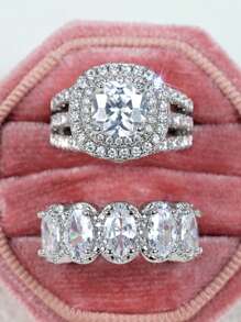 2 件/套时尚方晶锆石戒指套装女士适合婚礼订婚周年派对戒指珠宝情人节礼物 - 1# - 查看 4