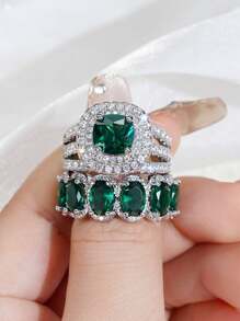 2 件/套时尚方晶锆石戒指套装女士适合婚礼订婚周年派对戒指珠宝情人节礼物 - 1# - 查看 7