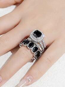 2 件/套时尚方晶锆石戒指套装女士适合婚礼订婚周年派对戒指珠宝情人节礼物 - 1# - 查看 10