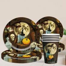 60 件/套主题一次性餐具套装，包括带有骷髅和月亮图案的纸盘、甜点盘、纸杯、饮料/咖啡杯出售 - 彩色 - 查看 1