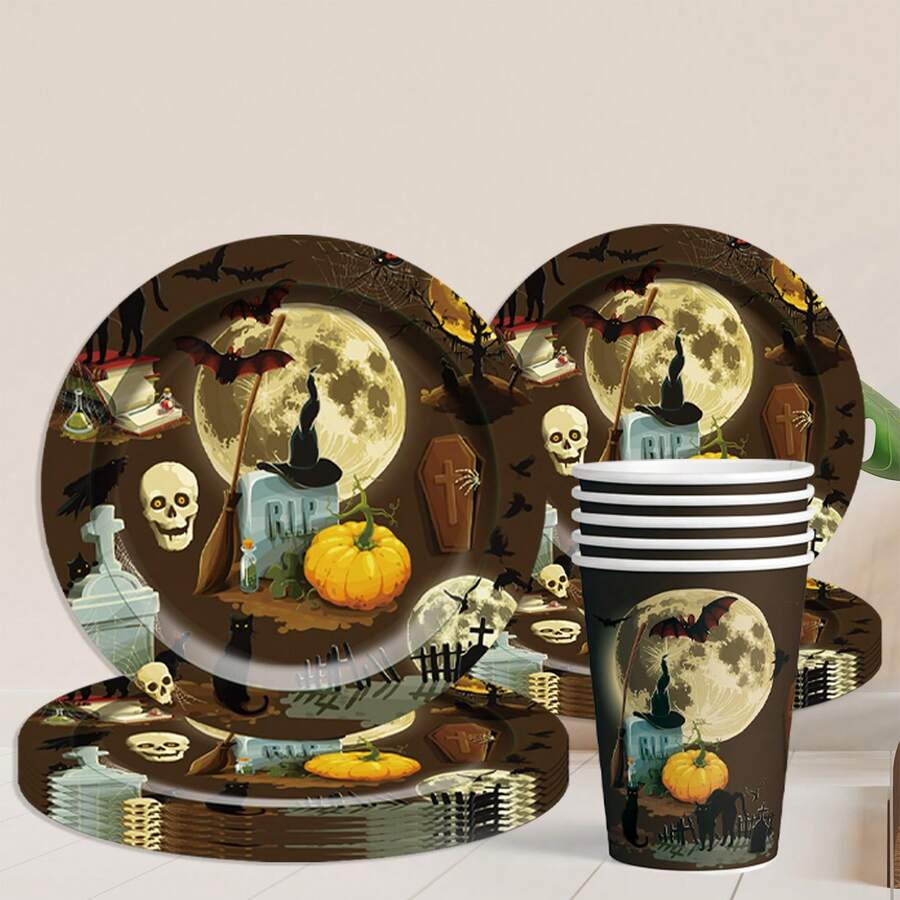 60 件/套主题一次性餐具套装，包括带有骷髅和月亮图案的纸盘、甜点盘、纸杯、饮料/咖啡杯出售 - 彩色 - 查看 1