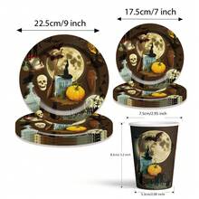 60 件/套主题一次性餐具套装，包括带有骷髅和月亮图案的纸盘、甜点盘、纸杯、饮料/咖啡杯出售 - 彩色 - 查看 2