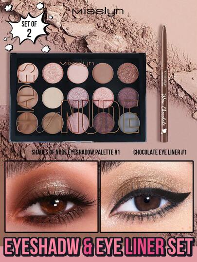 Misslyn 15色眼影01＆眼線筆套裝，防水，增容，構建厚實，豐滿的眉毛，色彩飽和的啞光和亮光色調，持久耐用，容易推開，顯色自然，天鵝絨質地豐富的色彩