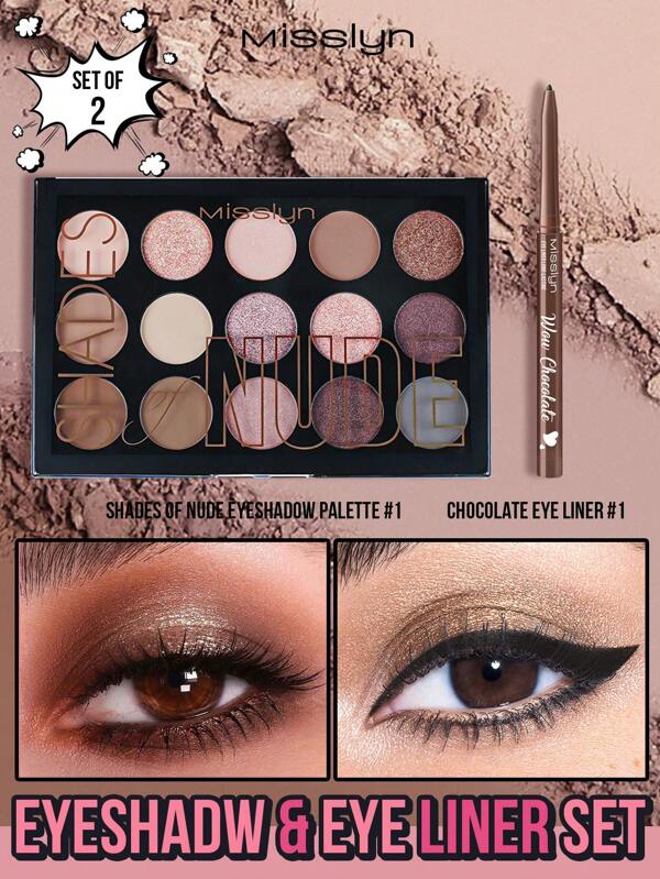 Misslyn 15color Eyeshadow 01& Eyeliner Set, Waterproof, Volumizing, Buildable, Creates Full, Voluminous-Looking Brows, , Pigmented Matte & Shimmer Shades, Long Lasting, Blendable Powder, Natural Colors, Rich Colors With Velvety Texture