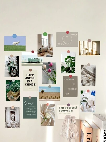 32pcs/Set (30pcs Decorative Cards + 2pcs Stickers) Mini Elegant Atmosphere Posters Home Decor, Ins Style Minimalist Rose & Greenery Print Photo Posters, DIY Sticker Decorative Cards, Bedroom/Living Room Wall Decor Postcards Kitchen Decor