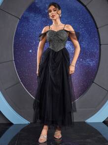 Vestido de noche formal (muy enjoyado) para mujeres, vestido de graduación elegante negro, para invitadas de boda, graduación, cena - Negro - Ver 4