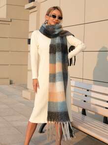 1pc Autumn/Winter New Women's Imitation Cashmere Checkered Thicken Tassel Scarf, Extra Long And Soft, Warm And Fashionable For Travel And Daily Christmas