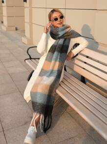 1pc Autumn/Winter New Women's Imitation Cashmere Checkered Thicken Tassel Scarf, Extra Long And Soft, Warm And Fashionable For Travel And Daily Christmas