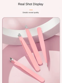 一套不锈钢粉色眉夹镊子，用于去除眉毛毛发，直头和斜头，双眼皮贴，黑色不锈钢尖头眉毛去除镊子 - 彩色 - 查看 2