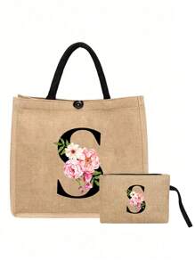 两件套，包含一个粉色花朵黑色字母亚麻手提包（可定制姓名首字母）和一个配套小包，简约优雅，可作为伴娘婚礼礼物、化妆包或旅行收纳包。 - 卡其色 - 查看 12