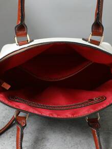 Refined Top Handle Zipper Satchel, Fashion-Forward Womens Textured PU Leather Bag For Everyday Style,Timeless Vintage Western Handbag - Eye-Catching Colorblock Design - trắng - Xem 6