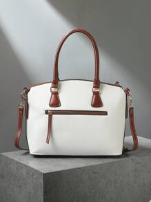 Refined Top Handle Zipper Satchel, Fashion-Forward Womens Textured PU Leather Bag For Everyday Style,Timeless Vintage Western Handbag - Eye-Catching Colorblock Design - trắng - Xem 5