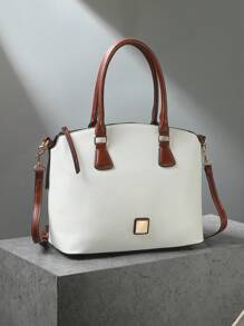 Refined Top Handle Zipper Satchel, Fashion-Forward Womens Textured PU Leather Bag For Everyday Style,Timeless Vintage Western Handbag - Eye-Catching Colorblock Design - trắng - Xem 3