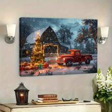 1pc Christmas Vintage Red Truck Canvas Art Printed Poster With Frame - Christmas Tree Gift Printed Canvas Poster - High Definition Modern Home Decoration For Living Room, Bedroom, Office - Blue - View 3