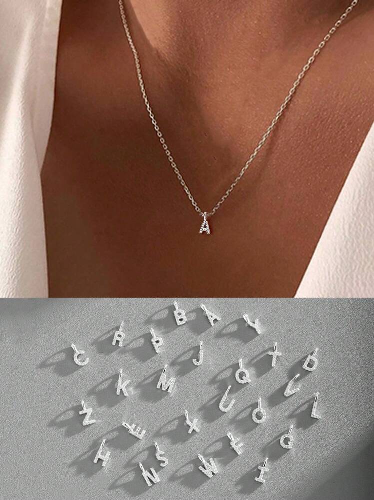 Collar de plata de ley 925 con 26 letras de la A a la Z, regalo de uso diario para novias, mujeres y niñas - Plateado - Añade 6