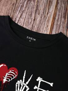 Halloween Heart And Skeleton Finger Print T-Shirt