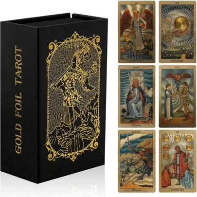 78 Cartas Originales de Tarot con Lámina de Oro con Caja de Regalo Negra, Cartas de Tarot Waite Únicas con Lámina de Oro, Cartas de Tarot con Significado, Cartas de Tarot en Caja, Resistentes al Agua y a las Arrugas, Adecuadas para Principiantes hasta Personas Avanzadas Profesionales, Adivinación del Futuro Resistente al Agua y Duradera, Predicción.