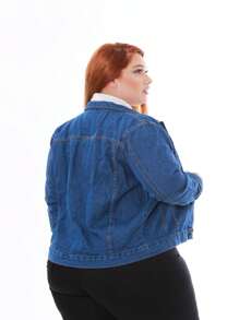 Women's Plus Size Denim Jacket - 深色水洗藍 - 查看 2