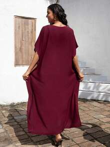 Red Embroidered Short Sleeve Casual & Elegant Kaftan Robe For Women Eid Spring - Đỏ - Xem 2