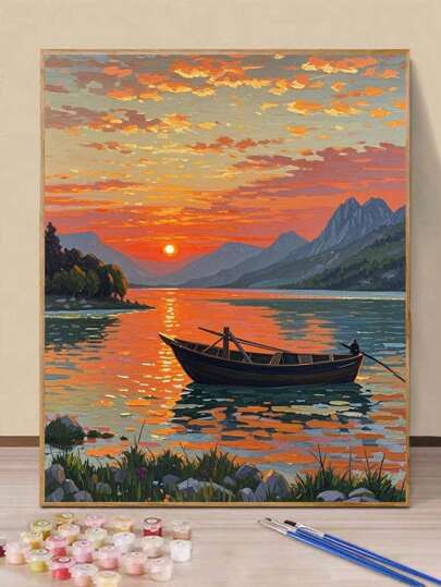 1set 40*50cm Personalized Paint By Numbers Kits DIY Oil Painting Without Frame, Lake Sunset Scenery Decor For Living Room & Bedroom, Gifts For Holiday & Birthday