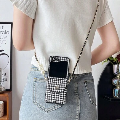 新款千鸟格折叠手机壳，带斜挎链，兼容三星 Galaxy Z Flip3 5G/Galaxy Z Flip 4 5G/Galaxy Z Flip 5 5G/Galaxy Z Flip 6 5G/Galaxy Z Flip 7 5G，可爱硬壳手机壳，女士适用