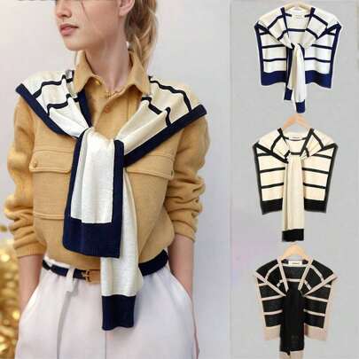 1pc Crochet Knitted Casual Striped Shawl, Suitable For Everyday, Air-Conditioned Home, Outdoor Activities, Camping Etc.