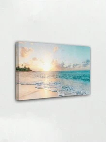 1幅帆布墙画海报，家居装饰礼品，描绘了宁静的海滩景色和壮丽的日落海面，非常适合在任何房间营造轻松惬意的氛围，可直接悬挂，可选配画框。 - 彩色 - 查看 2
